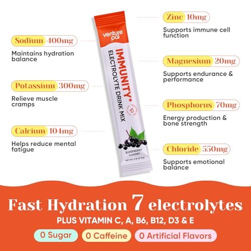 Venture Pal 2-in-1 Hydration + Immune Elektrolyte Pulverbeutel mit 7 Elektrolyten & 6 Vitaminen, Holunderbeere, Kurkuma, Echinacea | Liquid Daily IV Drink Mix | Zuckerfrei | Keto-freundlich, 16 Sticks