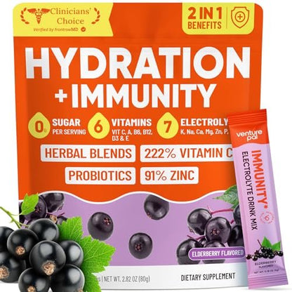 Venture Pal 2-in-1 Hydration + Immune Elektrolyte Pulverbeutel mit 7 Elektrolyten & 6 Vitaminen, Holunderbeere, Kurkuma, Echinacea | Liquid Daily IV Drink Mix | Zuckerfrei | Keto-freundlich, 16 Sticks