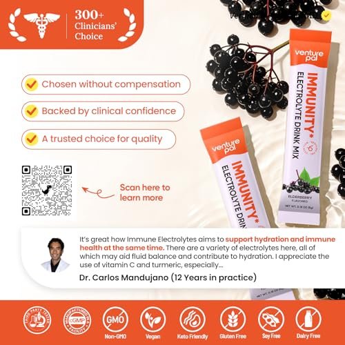 Venture Pal 2-in-1 Hydration + Immune Elektrolyte Pulverbeutel mit 7 Elektrolyten & 6 Vitaminen, Holunderbeere, Kurkuma, Echinacea | Liquid Daily IV Drink Mix | Zuckerfrei | Keto-freundlich, 16 Sticks
