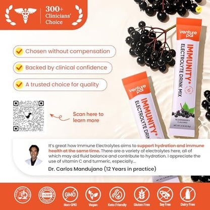 Venture Pal 2-in-1 Hydration + Immune Elektrolyte Pulverbeutel mit 7 Elektrolyten & 6 Vitaminen, Holunderbeere, Kurkuma, Echinacea | Liquid Daily IV Drink Mix | Zuckerfrei | Keto-freundlich, 16 Sticks