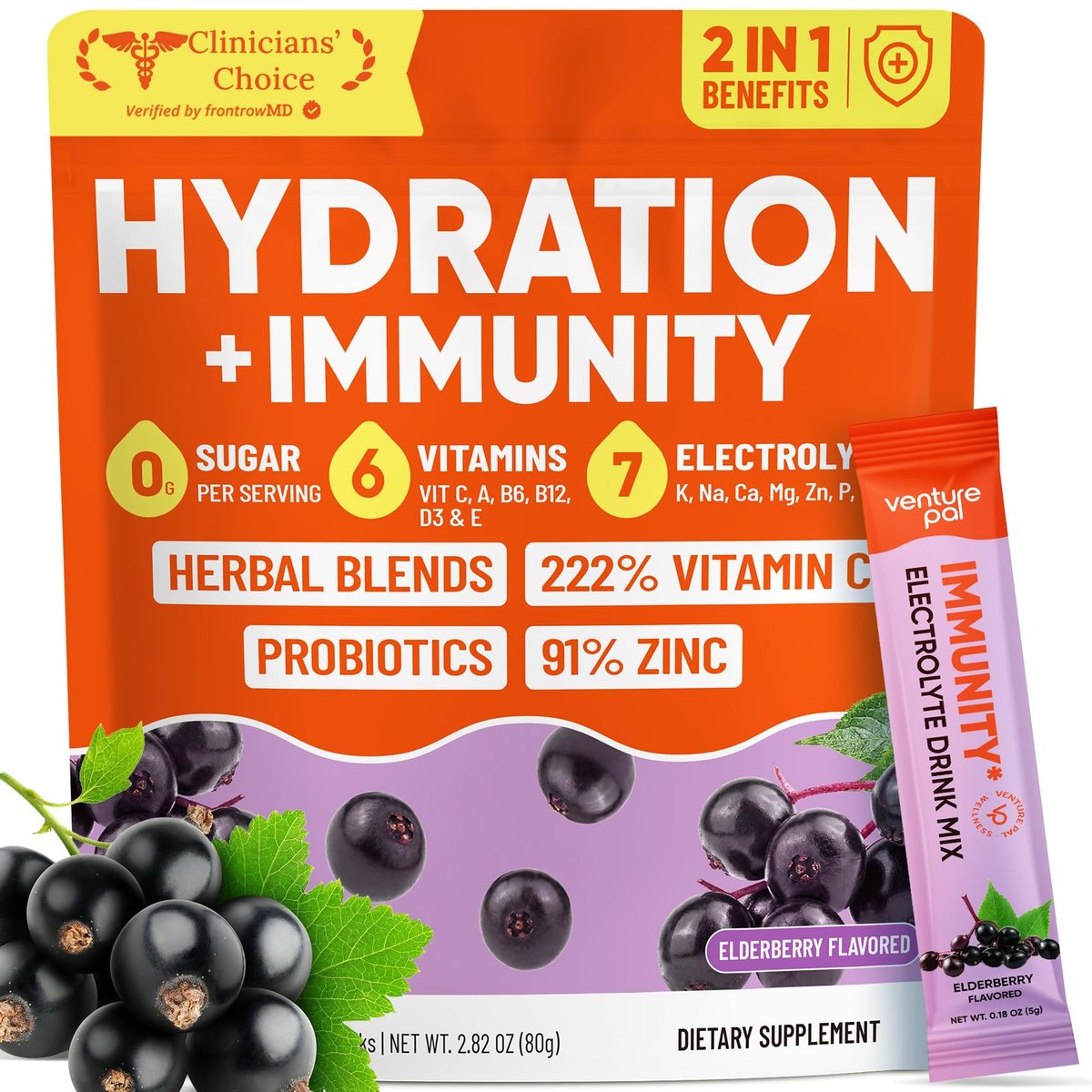 Venture Pal 2-in-1 Hydration + Immune Elektrolyte Pulverbeutel mit 7 Elektrolyten & 6 Vitaminen, Holunderbeere, Kurkuma, Echinacea | Liquid Daily IV Drink Mix | Zuckerfrei | Keto-freundlich, 16 Sticks