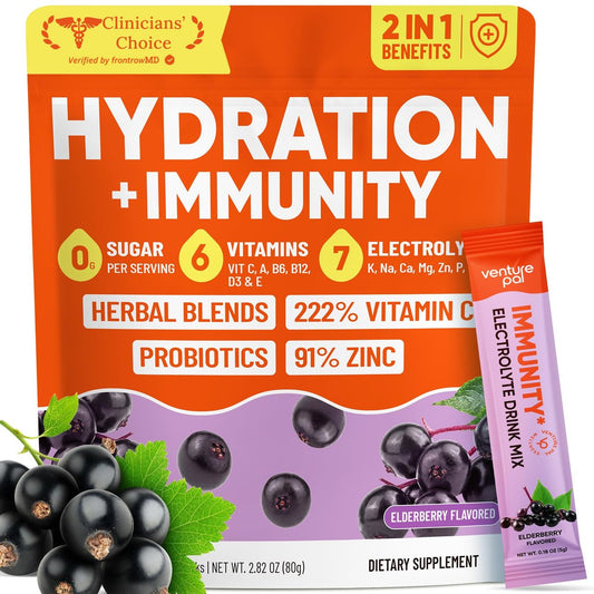 Venture Pal 2-in-1 Hydration + Immune Elektrolyte Pulverbeutel mit 7 Elektrolyten & 6 Vitaminen, Holunderbeere, Kurkuma, Echinacea | Liquid Daily IV Drink Mix | Zuckerfrei | Keto-freundlich, 16 Sticks