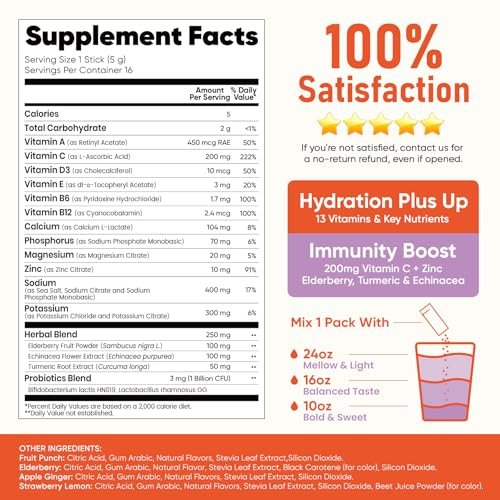Venture Pal 2-in-1 Hydration + Immune Elektrolyte Pulverbeutel mit 7 Elektrolyten & 6 Vitaminen, Holunderbeere, Kurkuma, Echinacea | Liquid Daily IV Drink Mix | Zuckerfrei | Keto-freundlich, 16 Sticks