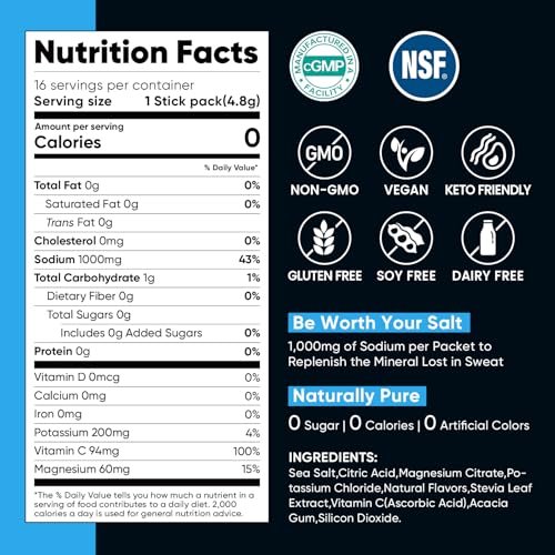 Venture Pal High Sodium Zuckerfreie Elektrolyte Pulver Beutel - Null Kalorien Hydrationspackungen mit Vitaminen, Natrium, Kalium & Magnesium, Elektrolyt-Getränkemix, Vegan, Keto-freundlich, 30 Portionen
