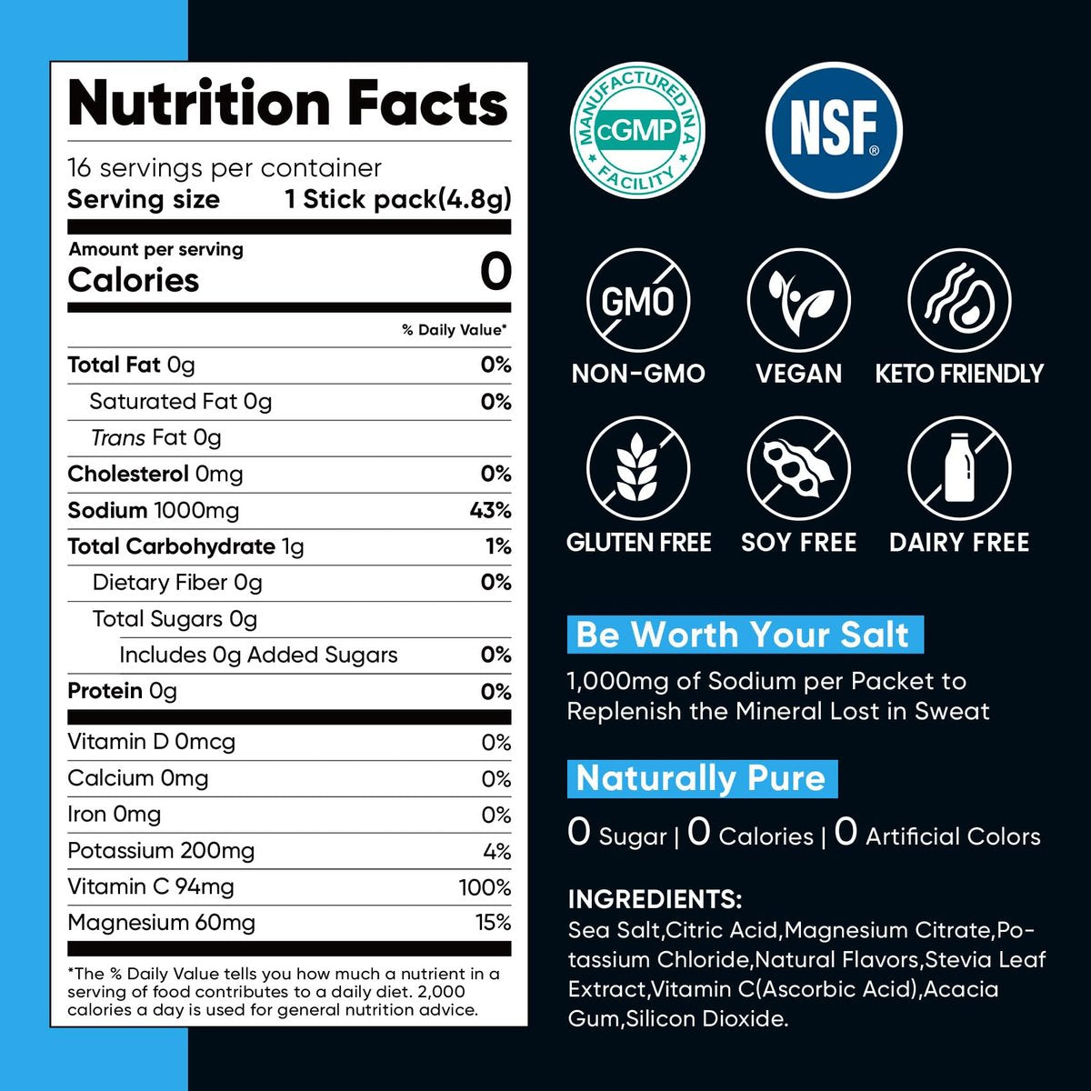 Venture Pal High Sodium Zuckerfreie Elektrolyte Pulver Beutel - Null Kalorien Hydrationspackungen mit Vitaminen, Natrium, Kalium & Magnesium, Elektrolyt-Getränkemix, Vegan, Keto-freundlich, 30 Portionen