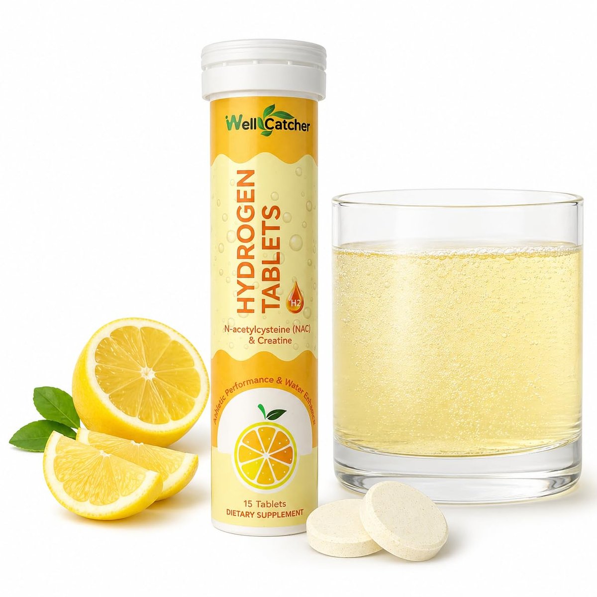 Wasserstoff Tabletten für Trinkwasser: Molekulare Wasserstoff Tabs 12,4 PPM mit Magnesium, NAC, Kreatin – Antioxidantien, Zellgesundheit, Erholung, Kognitive Funktion, Vegan, Bio-Zitronengeschmack