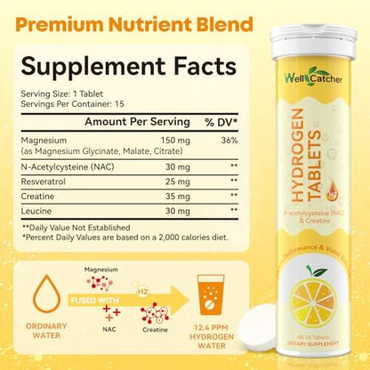 Wasserstoff Tabletten für Trinkwasser: Molekulare Wasserstoff Tabs 12,4 PPM mit Magnesium, NAC, Kreatin – Antioxidantien, Zellgesundheit, Erholung, Kognitive Funktion, Vegan, Bio-Zitronengeschmack