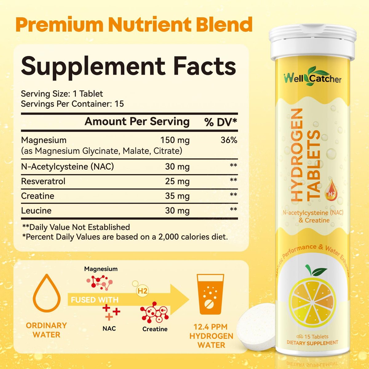 Wasserstoff Tabletten für Trinkwasser: Molekulare Wasserstoff Tabs 12,4 PPM mit Magnesium, NAC, Kreatin – Antioxidantien, Zellgesundheit, Erholung, Kognitive Funktion, Vegan, Bio-Zitronengeschmack