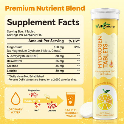 Wasserstoff Tabletten für Trinkwasser: Molekulare Wasserstoff Tabs 12,4 PPM mit Magnesium, NAC, Kreatin – Antioxidantien, Zellgesundheit, Erholung, Kognitive Funktion, Vegan, Bio-Zitronengeschmack
