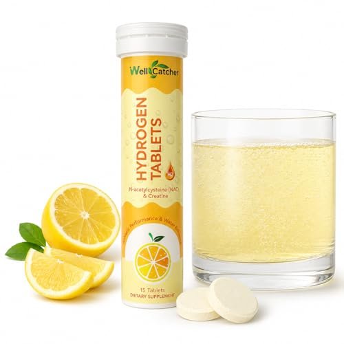 Wasserstoff Tabletten für Trinkwasser: Molekulare Wasserstoff Tabs 12,4 PPM mit Magnesium, NAC, Kreatin – Antioxidantien, Zellgesundheit, Erholung, Kognitive Funktion, Vegan, Bio-Zitronengeschmack