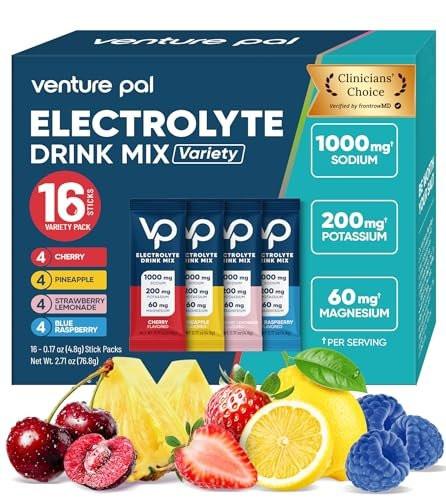Venture Pal High Sodium Zuckerfreie Elektrolyte Pulverbeutel, Null Kalorien Hydrationspackungen mit Vitamin, Natrium, Kalium & Magnesium, Elektrolyt-Getränkemischung, Vegan, Keto-freundlich, 16er Pack