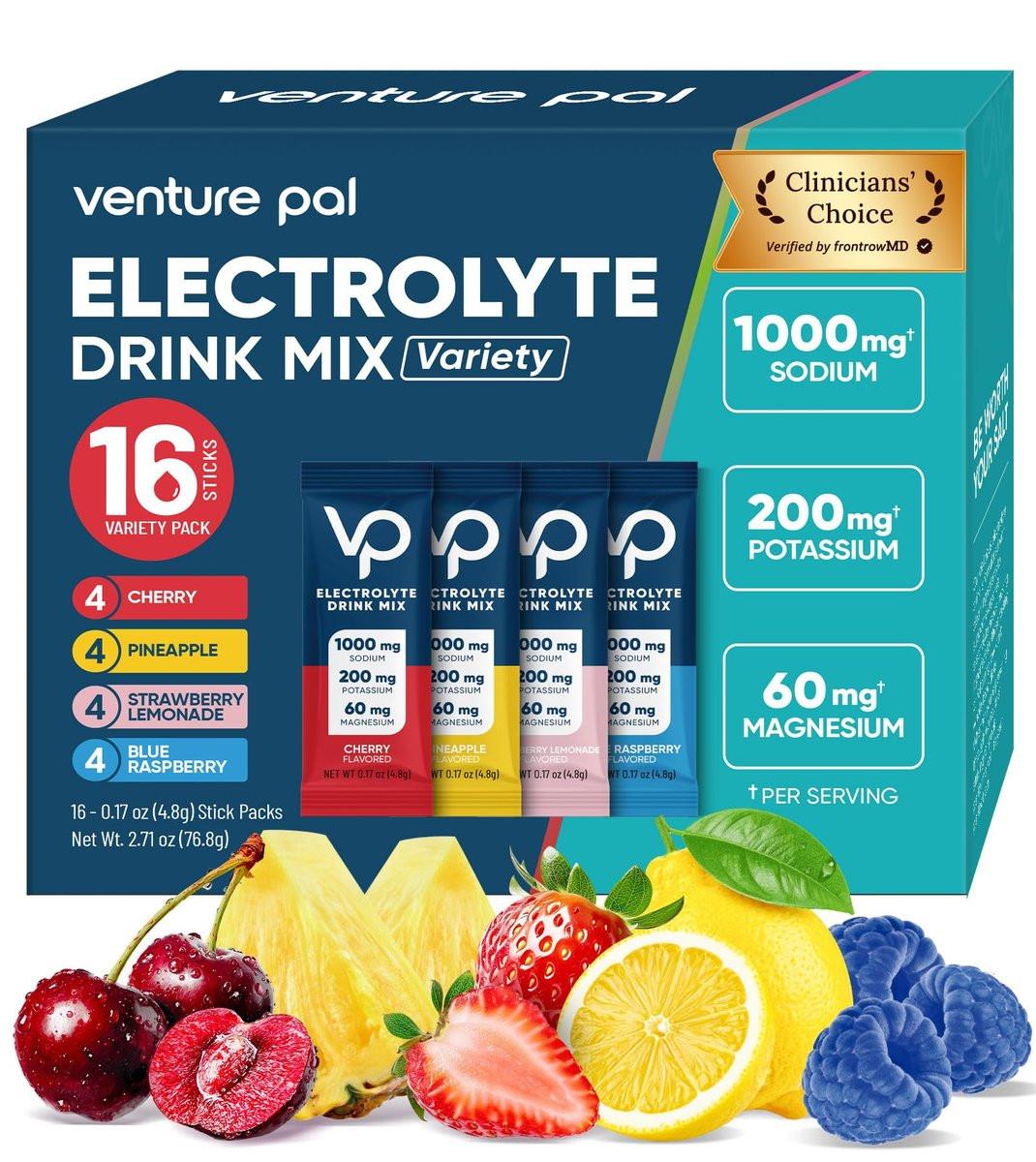 Venture Pal High Sodium Zuckerfreie Elektrolyte Pulverbeutel, Null Kalorien Hydrationspackungen mit Vitamin, Natrium, Kalium & Magnesium, Elektrolyt-Getränkemischung, Vegan, Keto-freundlich, 16er Pack