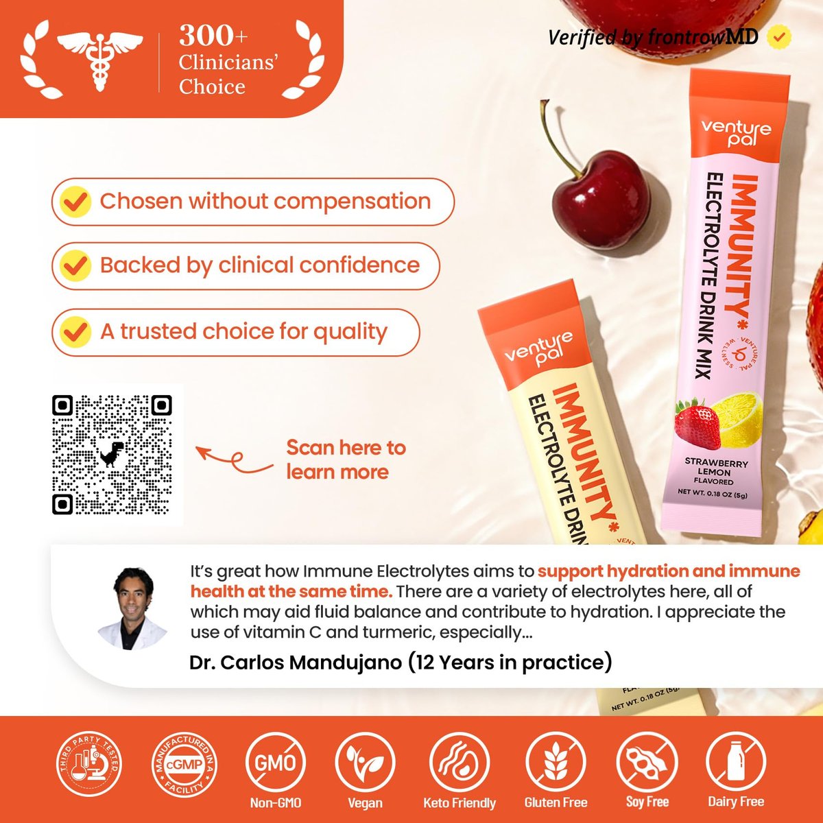 Venture Pal 2-in-1 Hydration + Immune Elektrolytpulver – Beutel mit 7 Elektrolyten & 6 Vitaminen, Holunderbeere, Kurkuma, Echinacea | Flüssiger täglicher IV Drink Mix | Zuckerfrei | Keto-freundlich, 16 Sticks