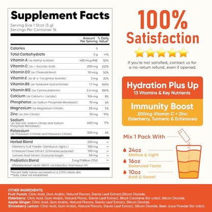 Venture Pal 2-in-1 Hydration + Immune Elektrolytpulver – Beutel mit 7 Elektrolyten & 6 Vitaminen, Holunderbeere, Kurkuma, Echinacea | Flüssiger täglicher IV Drink Mix | Zuckerfrei | Keto-freundlich, 16 Sticks
