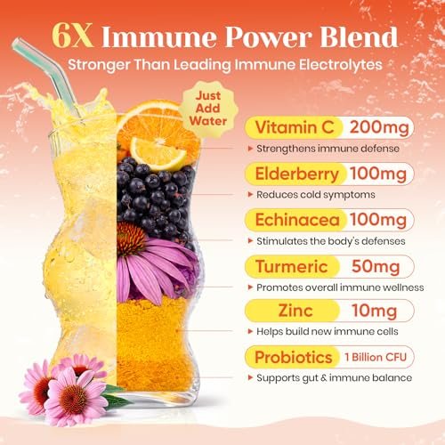 Venture Pal 2-in-1 Hydration + Immune Elektrolytpulver – Beutel mit 7 Elektrolyten & 6 Vitaminen, Holunderbeere, Kurkuma, Echinacea | Flüssiger täglicher IV Drink Mix | Zuckerfrei | Keto-freundlich, 16 Sticks