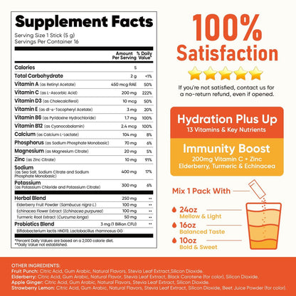 Venture Pal 2-in-1 Hydration + Immune Elektrolytpulver – Beutel mit 7 Elektrolyten & 6 Vitaminen, Holunderbeere, Kurkuma, Echinacea | Flüssiger täglicher IV Drink Mix | Zuckerfrei | Keto-freundlich, 16 Sticks