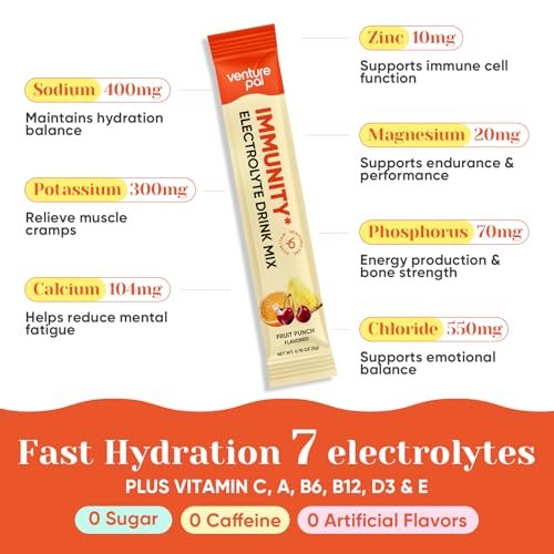 Venture Pal 2-in-1 Hydration + Immune Elektrolytpulver – Beutel mit 7 Elektrolyten & 6 Vitaminen, Holunderbeere, Kurkuma, Echinacea | Flüssiger täglicher IV Drink Mix | Zuckerfrei | Keto-freundlich, 16 Sticks