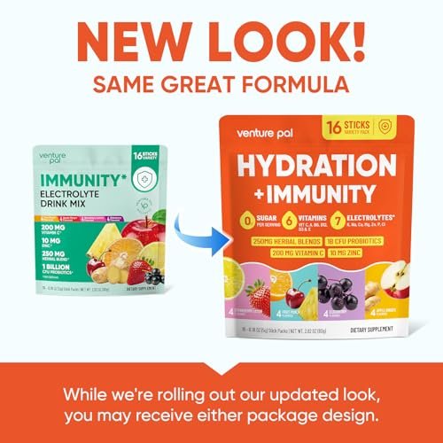 Venture Pal 2-in-1 Hydration + Immune Elektrolytpulver Beutel mit 7 Elektrolyten & 6 Vitaminen, Holunderbeere, Kurkuma, Echinacea | Flüssiger täglicher IV Drink Mix | Zuckerfrei | Keto-freundlich, 16 Sticks