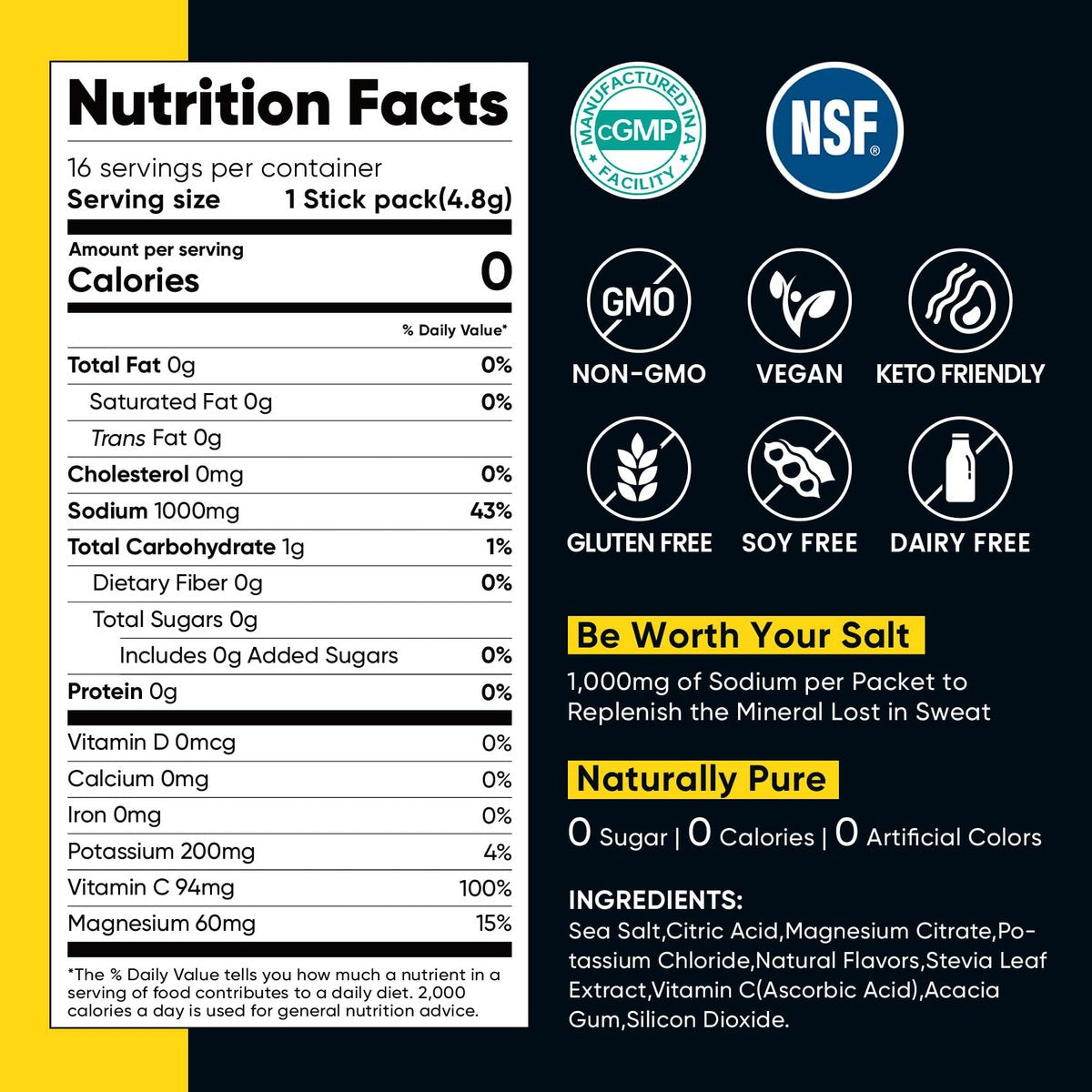 Venture Pal High Sodium Zuckerfreie Elektrolyte Pulverbeutel, Null Kalorien Hydrationspackungen mit Vitaminen, Natrium, Kalium & Magnesium, Elektrolyt-Getränkemischung, Vegan, Keto-freundlich, 30 Stück