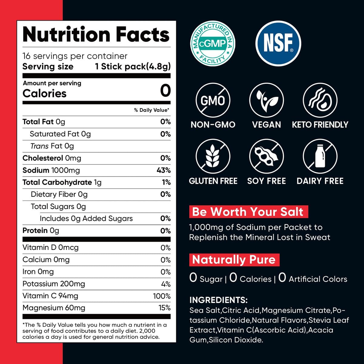Venture Pal High Sodium Zuckerfreie Elektrolyte Pulverbeutel – Null Kalorien, mit Vitaminen, Natrium, Kalium & Magnesium – Vegan, Keto-freundlich, 30 Portionen