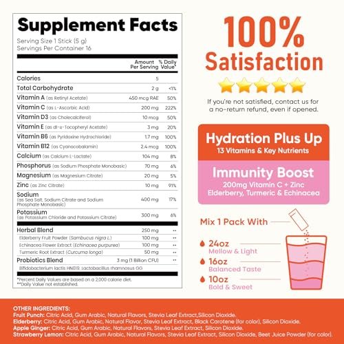 Venture Pal 2-in-1 Hydration + Immune Elektrolytpulver Beutel mit 7 Elektrolyten & 6 Vitaminen, Holunderbeere, Kurkuma, Echinacea | Flüssiger täglicher IV Drink Mix | Zuckerfrei | Keto-freundlich, 16 Sticks