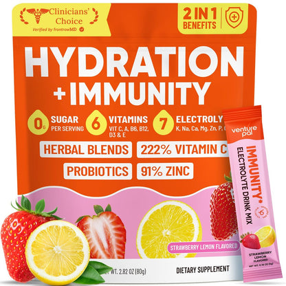 Venture Pal 2-in-1 Hydration + Immune Elektrolytpulver Beutel mit 7 Elektrolyten & 6 Vitaminen, Holunderbeere, Kurkuma, Echinacea | Flüssiger täglicher IV Drink Mix | Zuckerfrei | Keto-freundlich, 16 Sticks
