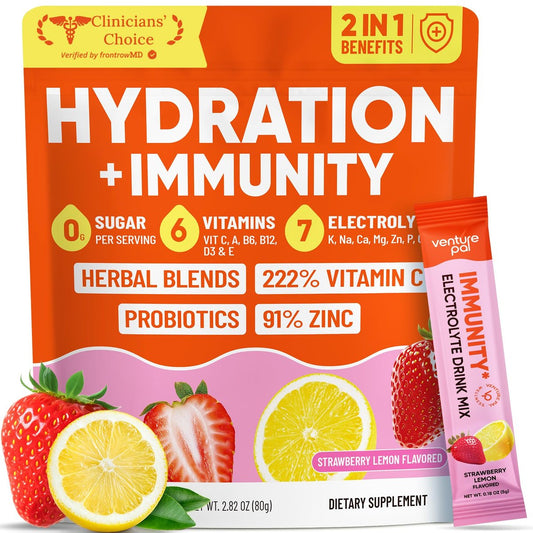 Venture Pal 2-in-1 Hydration + Immune Elektrolytpulver Beutel mit 7 Elektrolyten & 6 Vitaminen, Holunderbeere, Kurkuma, Echinacea | Flüssiger täglicher IV Drink Mix | Zuckerfrei | Keto-freundlich, 16 Sticks