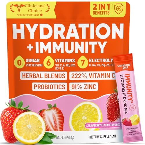 Venture Pal 2-in-1 Hydration + Immune Elektrolytpulver Beutel mit 7 Elektrolyten & 6 Vitaminen, Holunderbeere, Kurkuma, Echinacea | Flüssiger täglicher IV Drink Mix | Zuckerfrei | Keto-freundlich, 16 Sticks
