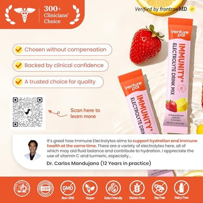 Venture Pal 2-in-1 Hydration + Immune Elektrolytpulver Beutel mit 7 Elektrolyten & 6 Vitaminen, Holunderbeere, Kurkuma, Echinacea | Flüssiger täglicher IV Drink Mix | Zuckerfrei | Keto-freundlich, 16 Sticks