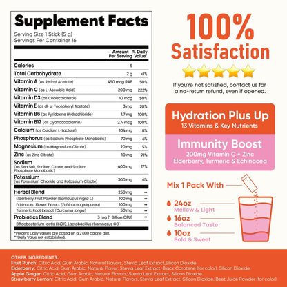 Venture Pal 2-in-1 Hydration + Immune Elektrolytpulver Beutel mit 7 Elektrolyten & 6 Vitaminen, Holunderbeere, Kurkuma, Echinacea | Flüssiger täglicher IV Drink Mix | Zuckerfrei | Keto-freundlich, 16 Sticks