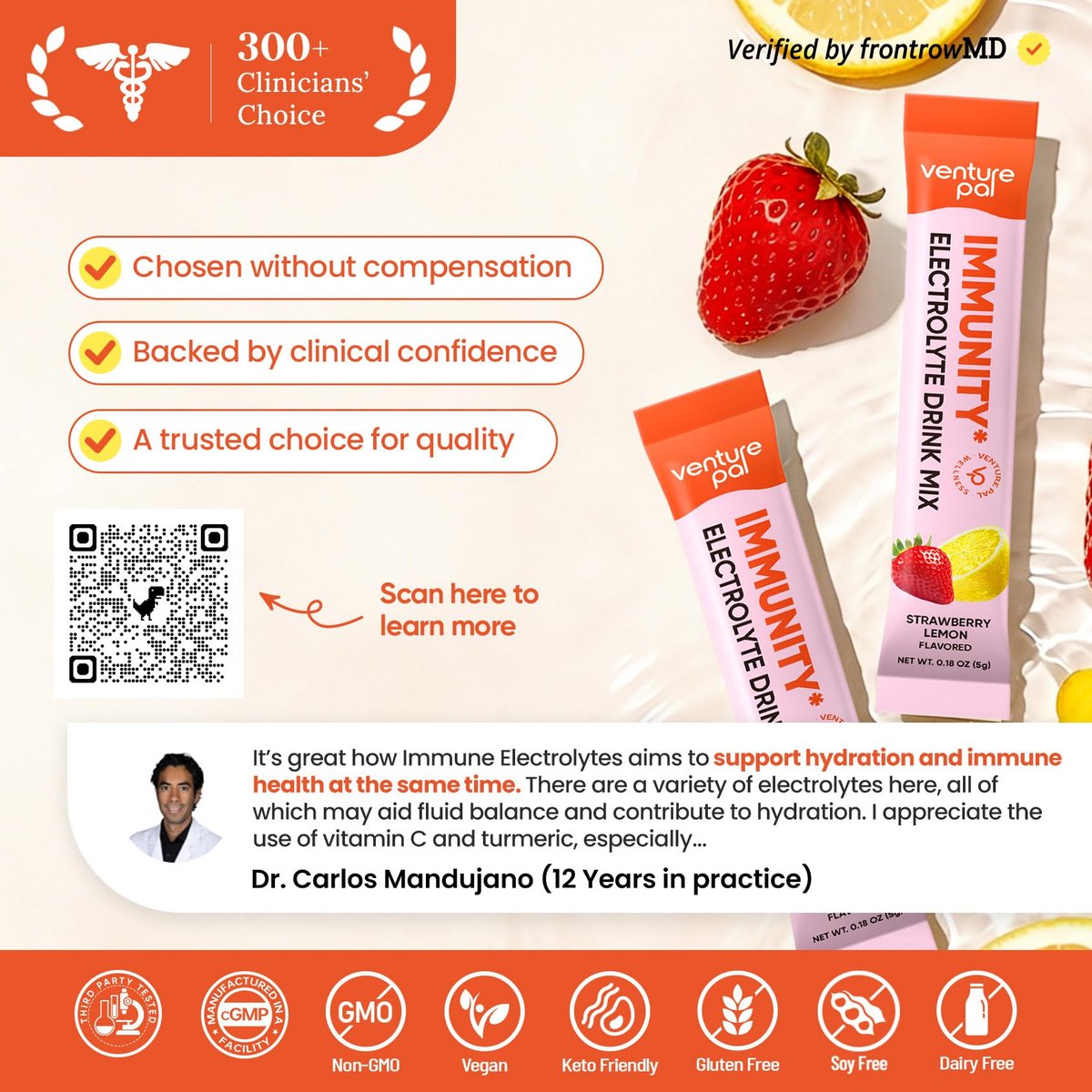 Venture Pal 2-in-1 Hydration + Immune Elektrolytpulver Beutel mit 7 Elektrolyten & 6 Vitaminen, Holunderbeere, Kurkuma, Echinacea | Flüssiger täglicher IV Drink Mix | Zuckerfrei | Keto-freundlich, 16 Sticks