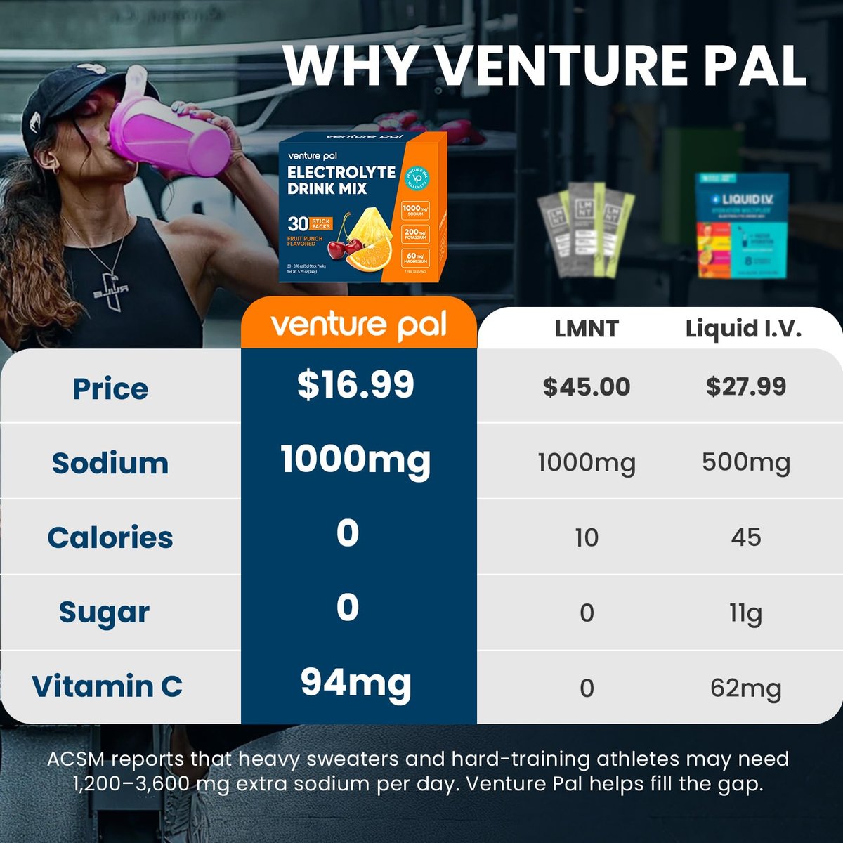 Venture Pal High Sodium Elektrolyt-Pulver-Päckchen | Zuckerfreies Hydrationsgetränk mit Natrium, Kalium, Magnesium & Vitaminen | Null Kalorien | Keto, Vegan & Paleo geeignet | 30 Sticks