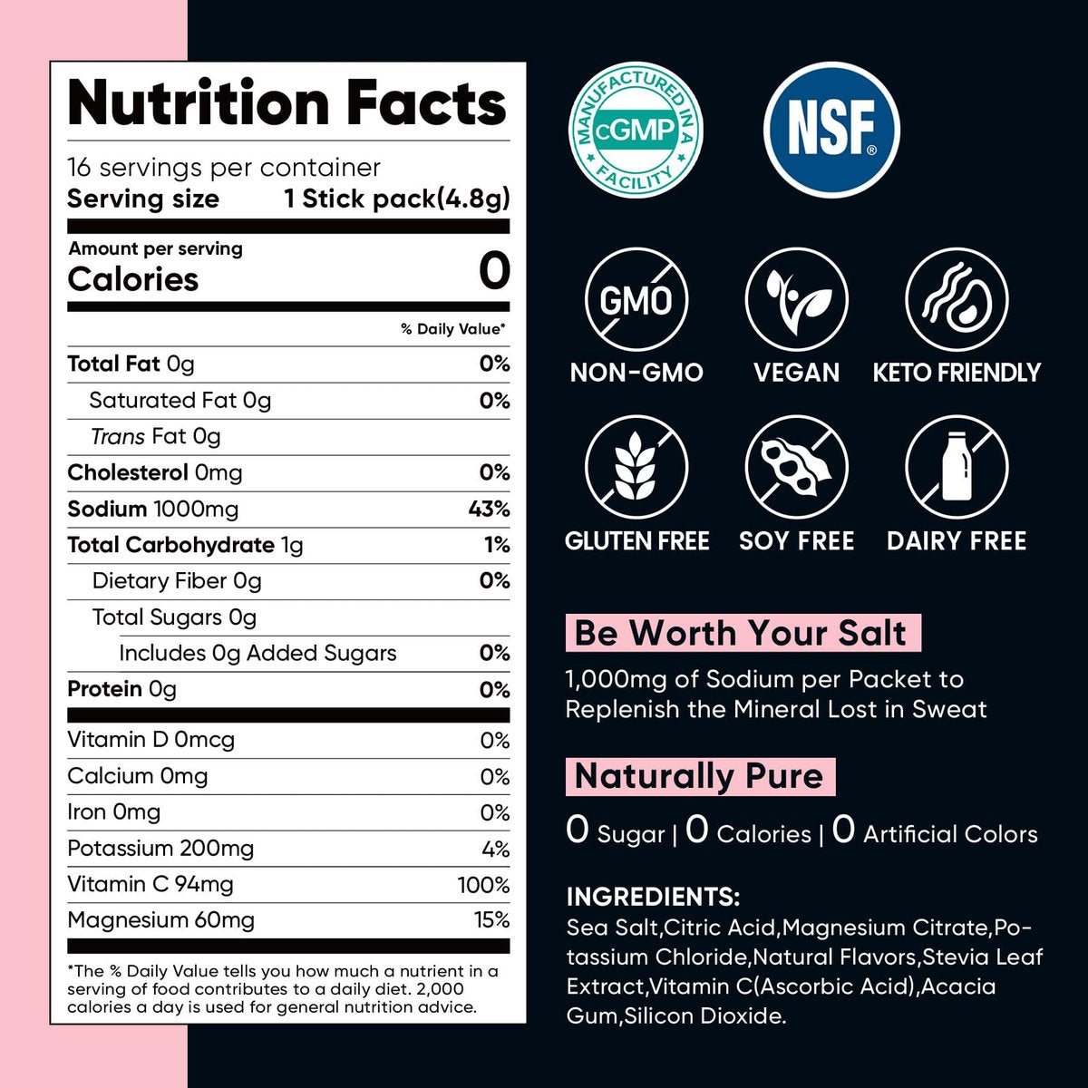 Venture Pal High Sodium Zuckerfreie Elektrolyte Pulver Beutel – Null Kalorien Hydrationspackung mit Vitaminen, Natrium, Kalium & Magnesium – Elektrolyt-Getränkemischung – Vegan & Keto-freundlich – 30 Beutel