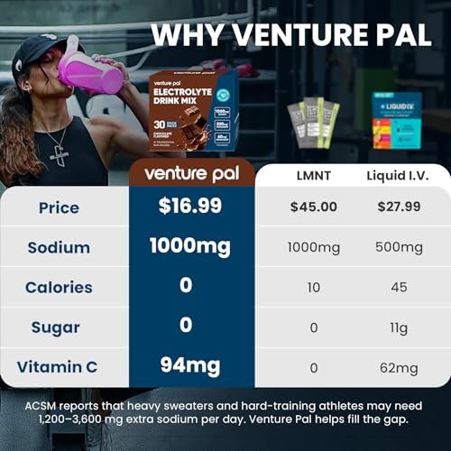Venture Pal High Sodium Electrolyte Powder Packets – Zuckerfreies Hydrationsgetränk mit Natrium, Kalium, Magnesium & Vitaminen, Null Kalorien, Keto-, Vegan- & Paleo-freundlich, 30 Sticks
