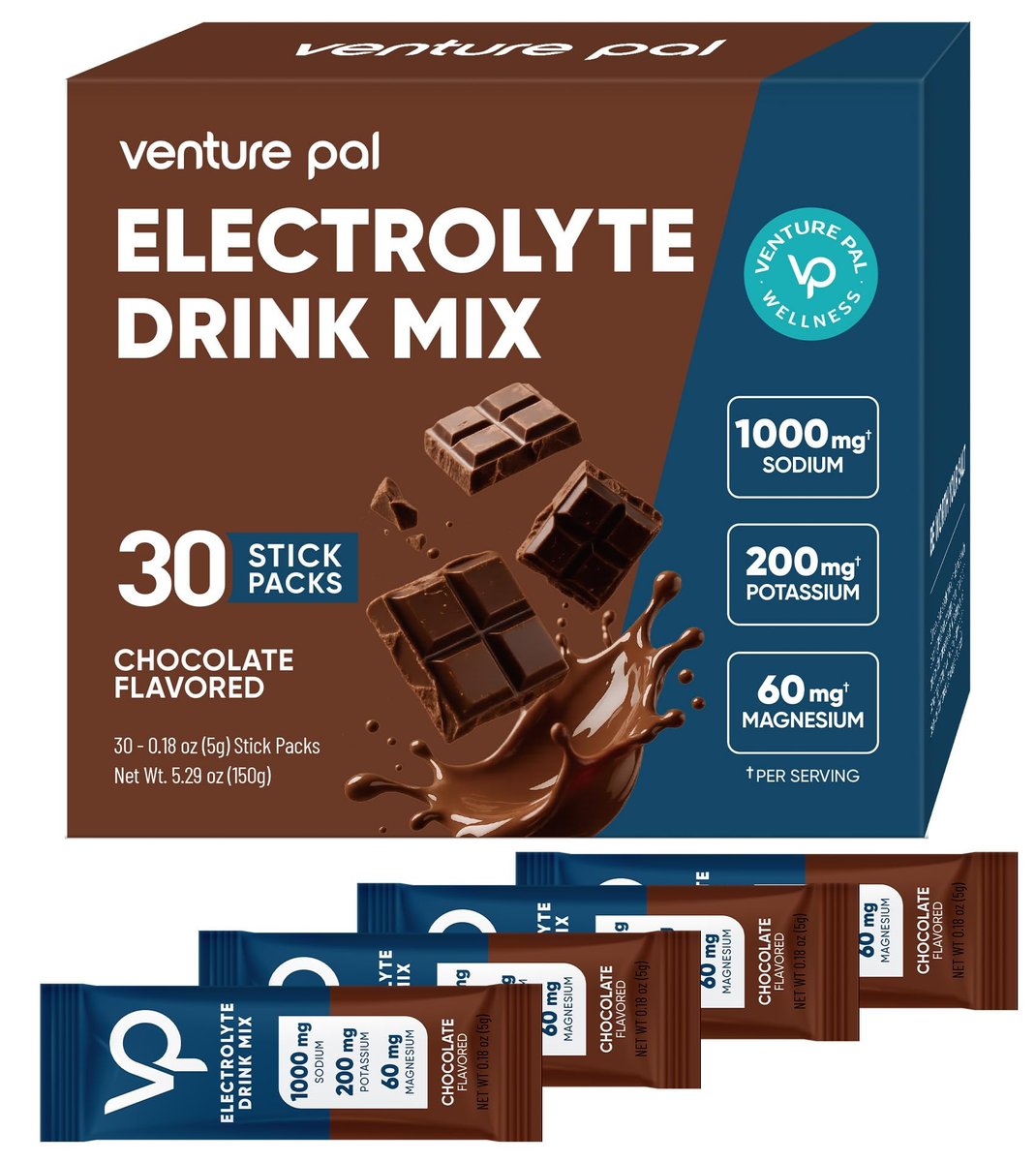 Venture Pal High Sodium Electrolyte Powder Packets – Zuckerfreies Hydrationsgetränk mit Natrium, Kalium, Magnesium & Vitaminen, Null Kalorien, Keto-, Vegan- & Paleo-freundlich, 30 Sticks