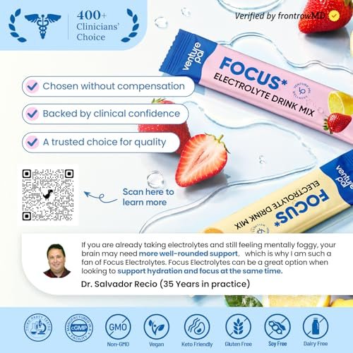 Venture Pal 2-in-1 Hydration Packets + Focus Support Elektrolyte Pulver – 7 Elektrolyte + Vitamine, Magnesium, Löwenmähne & L-Theanin | Zuckerfreier Liquid Daily IV Drink Mix, Vegan, Keto, 16 Sticks