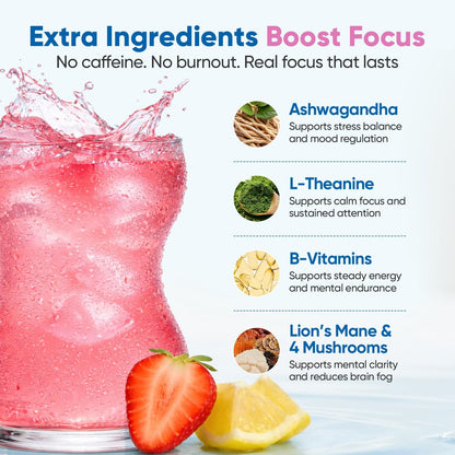 Venture Pal 2-in-1 Hydration Packets + Focus Support Elektrolyte Pulver – 7 Elektrolyte + Vitamine, Magnesium, Löwenmähne & L-Theanin | Zuckerfreier Liquid Daily IV Drink Mix, Vegan, Keto, 16 Sticks