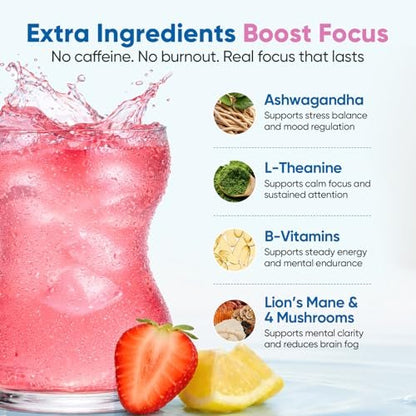 Venture Pal 2-in-1 Hydration Packets + Focus Support Elektrolyte Pulver – 7 Elektrolyte + Vitamine, Magnesium, Löwenmähne & L-Theanin | Zuckerfreier Liquid Daily IV Drink Mix, Vegan, Keto, 16 Sticks