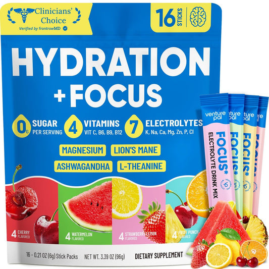 Venture Pal 2-in-1 Hydration Packets + Focus Support Elektrolyte Pulver – 7 Elektrolyte + Vitamine, Magnesium, Löwenmähne & L-Theanin | Zuckerfreier Liquid Daily IV Drink Mix, Vegan, Keto, 16 Sticks