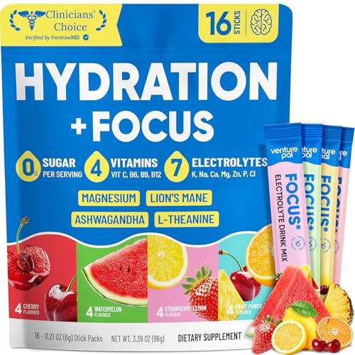 Venture Pal 2-in-1 Hydration Packets + Focus Support Elektrolyte Pulver – 7 Elektrolyte + Vitamine, Magnesium, Löwenmähne & L-Theanin | Zuckerfreier Liquid Daily IV Drink Mix, Vegan, Keto, 16 Sticks