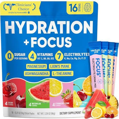 Venture Pal 2-in-1 Hydration Packets + Focus Support Elektrolyte Pulver – 7 Elektrolyte + Vitamine, Magnesium, Löwenmähne & L-Theanin | Zuckerfreier Liquid Daily IV Drink Mix, Vegan, Keto, 16 Sticks