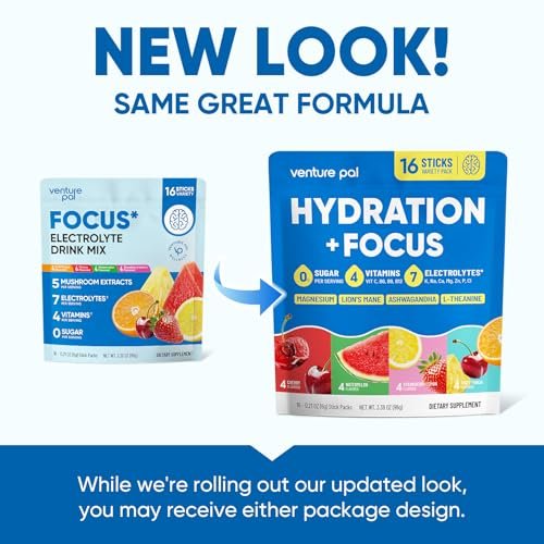 Venture Pal 2-in-1 Hydration Packets + Focus Support Elektrolyte Pulver – 7 Elektrolyte + Vitamine, Magnesium, Löwenmähne & L-Theanin | Zuckerfreier Liquid Daily IV Drink Mix, Vegan, Keto, 16 Sticks