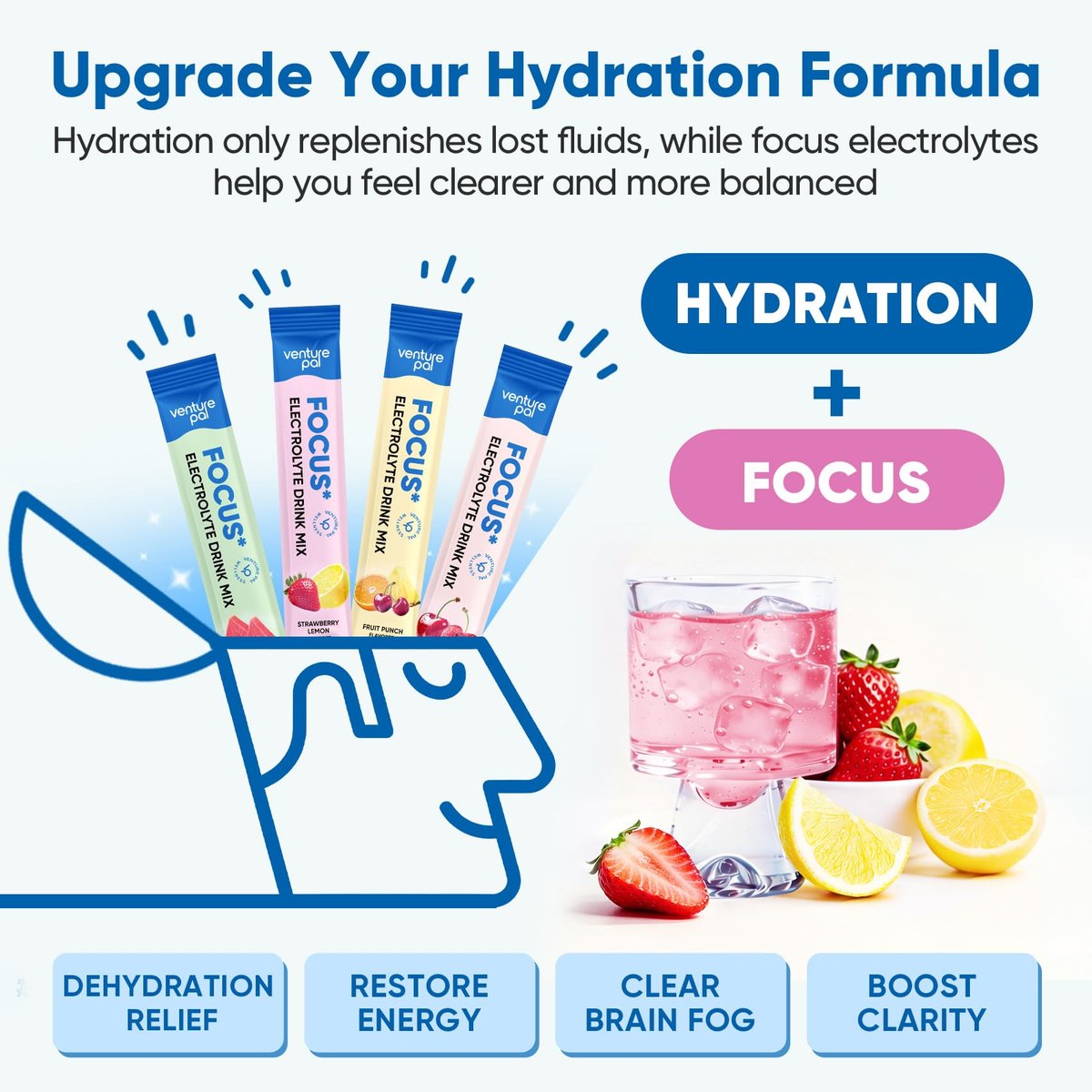 Venture Pal 2-in-1 Hydration Packets + Focus Support Elektrolyte Pulver – 7 Elektrolyte + Vitamine, Magnesium, Löwenmähne & L-Theanin | Zuckerfreier Liquid Daily IV Drink Mix, Vegan, Keto, 16 Sticks