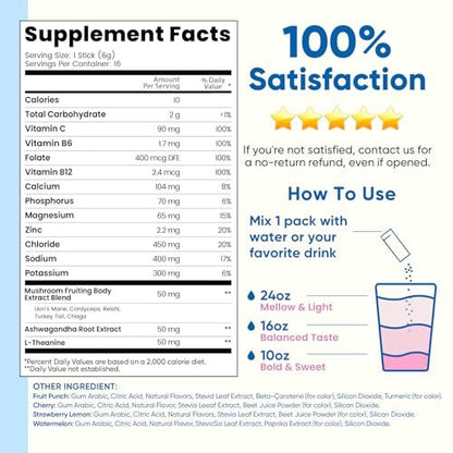 Venture Pal 2-in-1 Hydrationspackungen + Fokusunterstützung Elektrolyte Pulver, 7 Elektrolyte + Vitamine, Magnesium, Löwenmähne & L-Theanin | Zuckerfreier Liquid Daily IV Drink Mix, Vegan, Keto, 16 Sticks