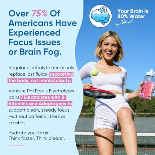 Venture Pal 2-in-1 Hydration Packets + Focus Support Elektrolyte Pulver – 7 Elektrolyte + Vitamine, Magnesium, Löwenmähne & L-Theanin | Zuckerfreier Liquid Daily IV Drink Mix, Vegan, Keto, 16 Sticks