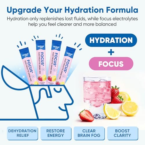 Venture Pal 2-in-1 Hydrationspackungen + Fokusunterstützung Elektrolyte Pulver, 7 Elektrolyte + Vitamine, Magnesium, Löwenmähne & L-Theanin | Zuckerfreier Liquid Daily IV Drink Mix, Vegan, Keto, 16 Sticks