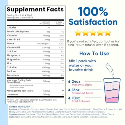 Venture Pal 2-in-1 Hydration Packets + Focus Support Elektrolyte Pulver – 7 Elektrolyte + Vitamine, Magnesium, Löwenmähne & L-Theanin | Zuckerfreier Liquid Daily IV Drink Mix, Vegan, Keto, 16 Sticks