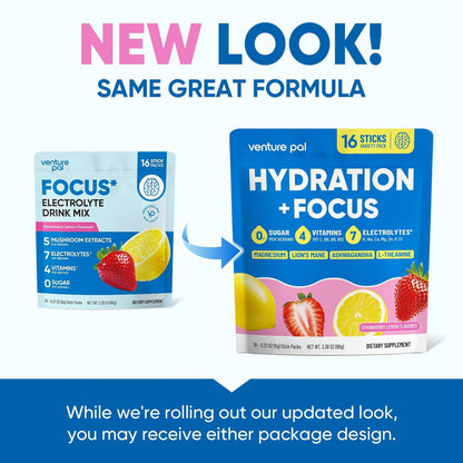 Venture Pal 2-in-1 Hydrationspackungen + Fokusunterstützung Elektrolyte Pulver, 7 Elektrolyte + Vitamine, Magnesium, Löwenmähne & L-Theanin | Zuckerfreier Liquid Daily IV Drink Mix, Vegan, Keto, 16 Sticks