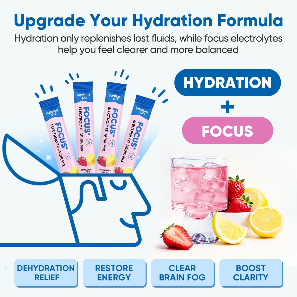 Venture Pal 2-in-1 Hydrationspackungen + Fokusunterstützung Elektrolyte Pulver, 7 Elektrolyte + Vitamine, Magnesium, Löwenmähne & L-Theanin | Zuckerfreier Liquid Daily IV Drink Mix, Vegan, Keto, 16 Sticks
