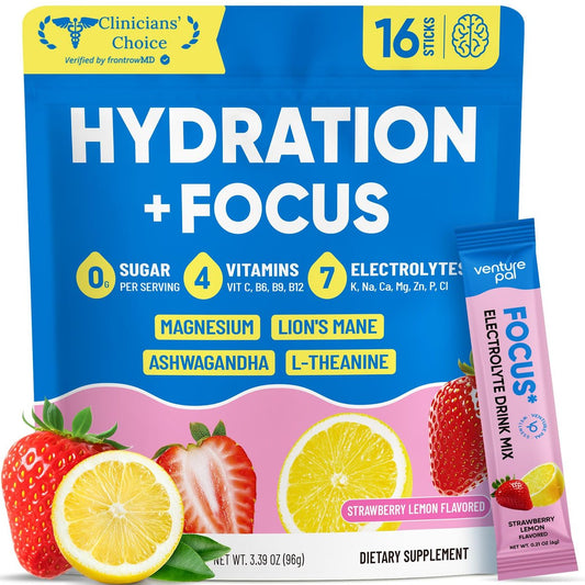 Venture Pal 2-in-1 Hydrationspackungen + Fokusunterstützung Elektrolyte Pulver, 7 Elektrolyte + Vitamine, Magnesium, Löwenmähne & L-Theanin | Zuckerfreier Liquid Daily IV Drink Mix, Vegan, Keto, 16 Sticks